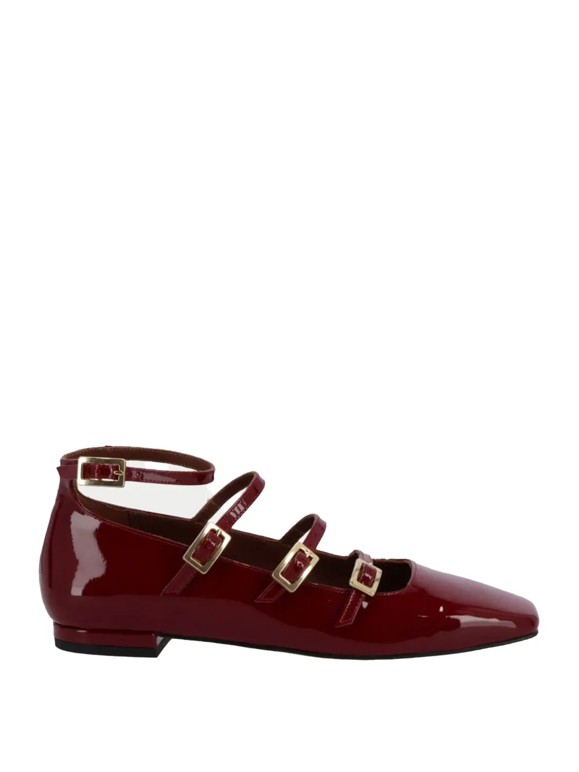 Red patent leather ballet flats with four straps and gold buckles