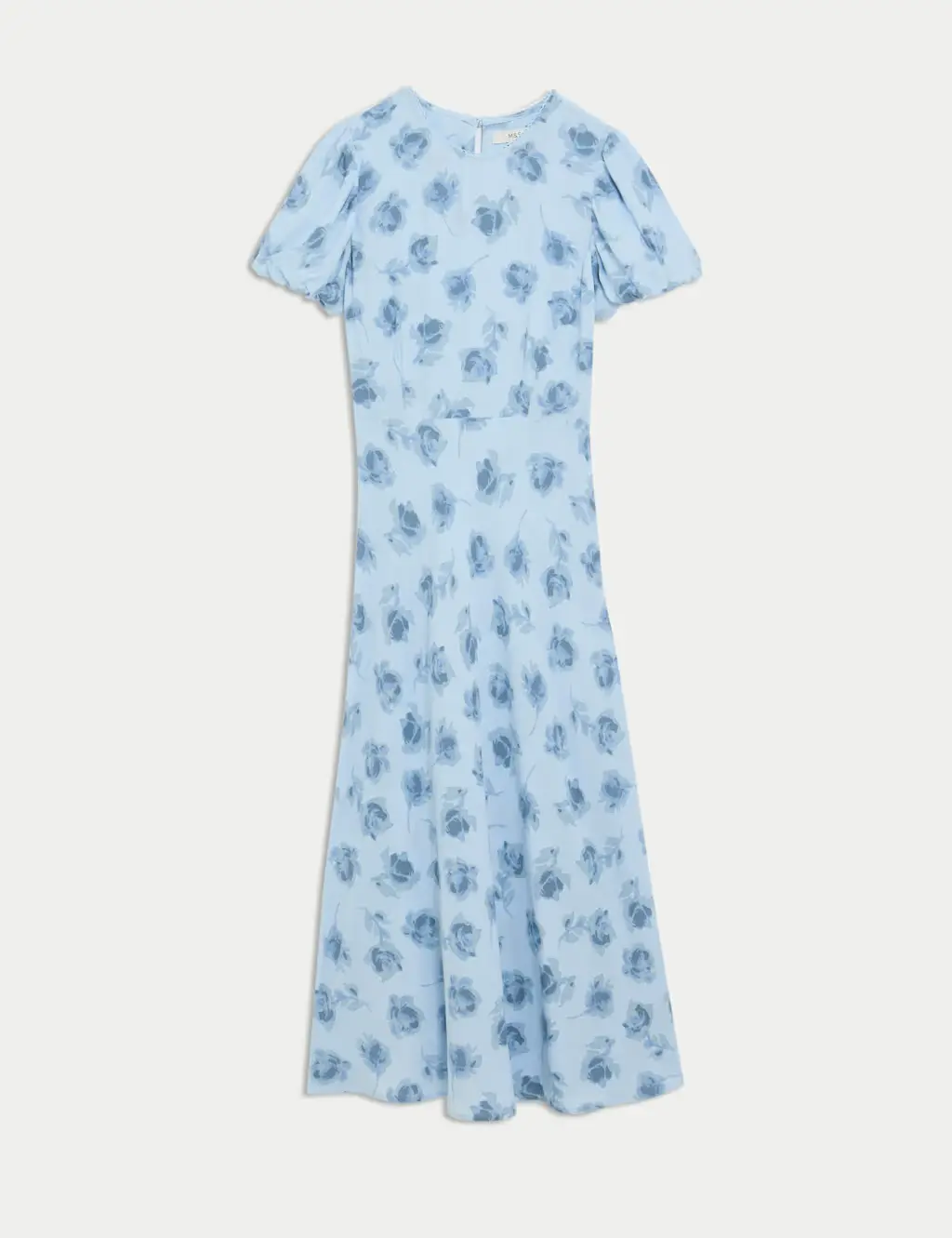 A blue floral print maxi dress