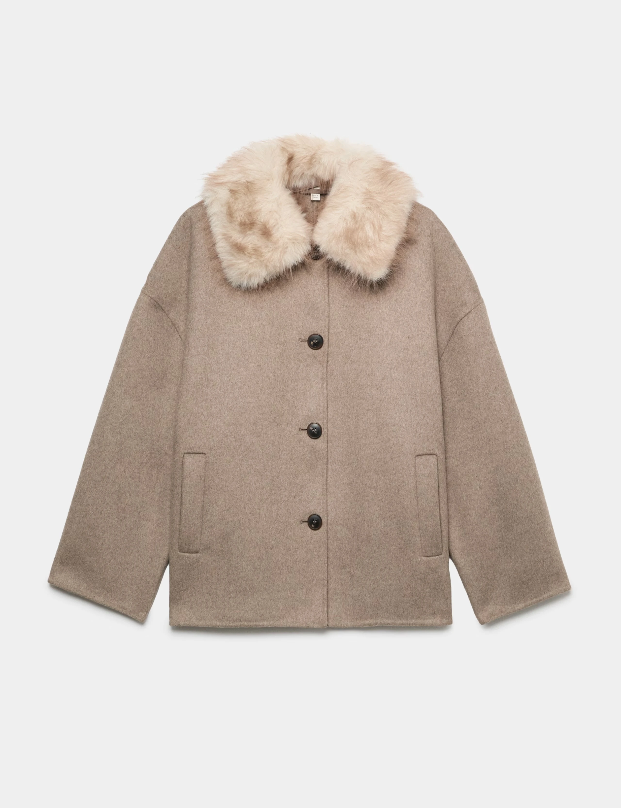 Brown wool-blend coat with a beige faux fur collar