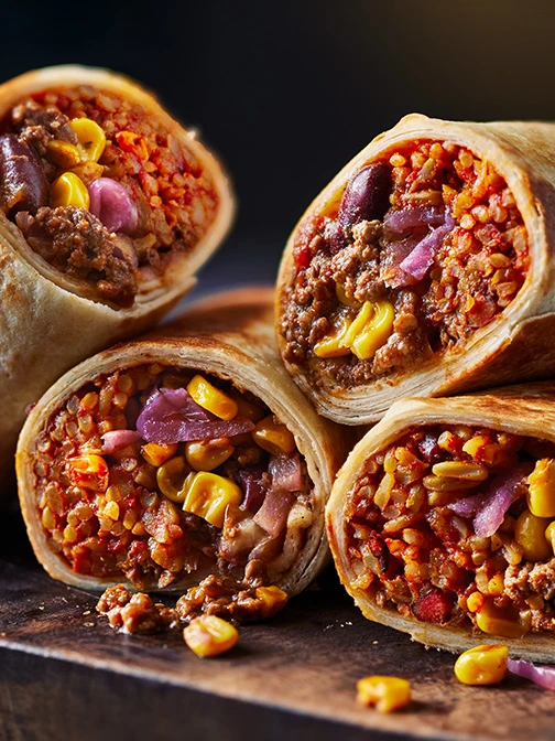 Four beef burritos cut in half