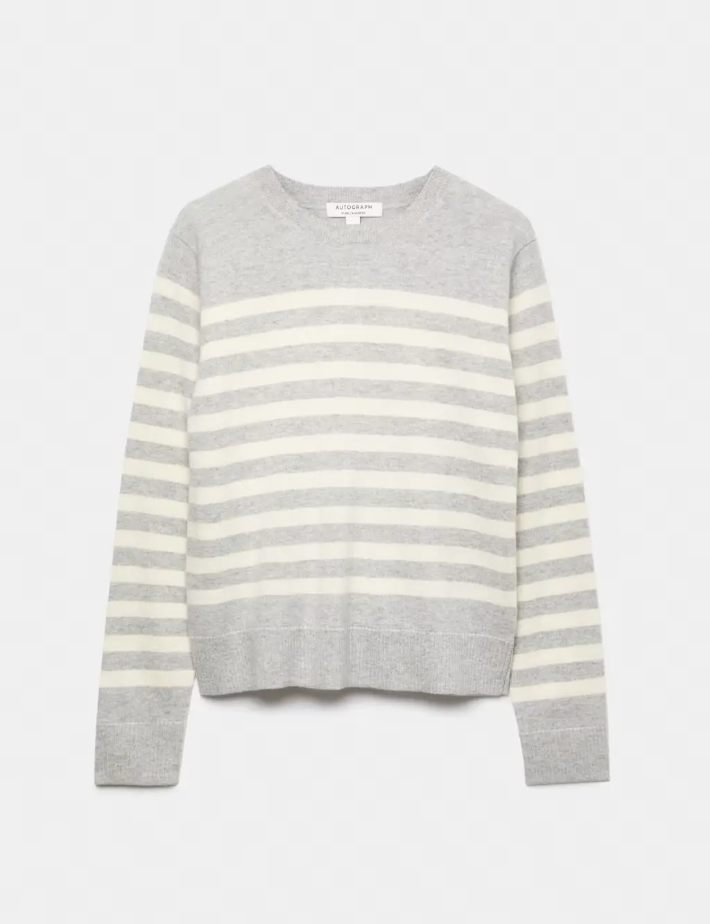 Grey cashmere jumper with white horizontal stripes and simple crew neck.