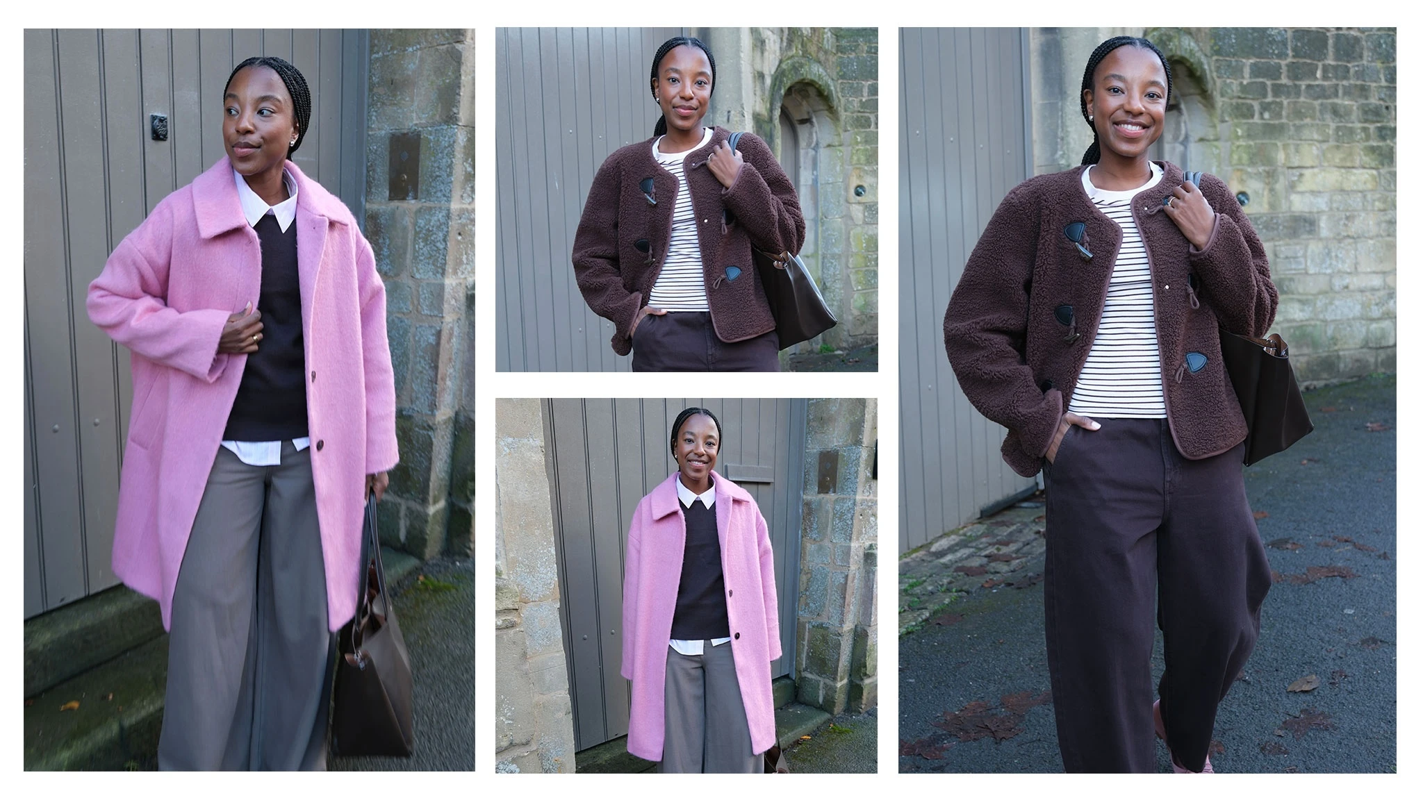 Style influencer Taffy Msipa wearing pink and mocha brown outfits