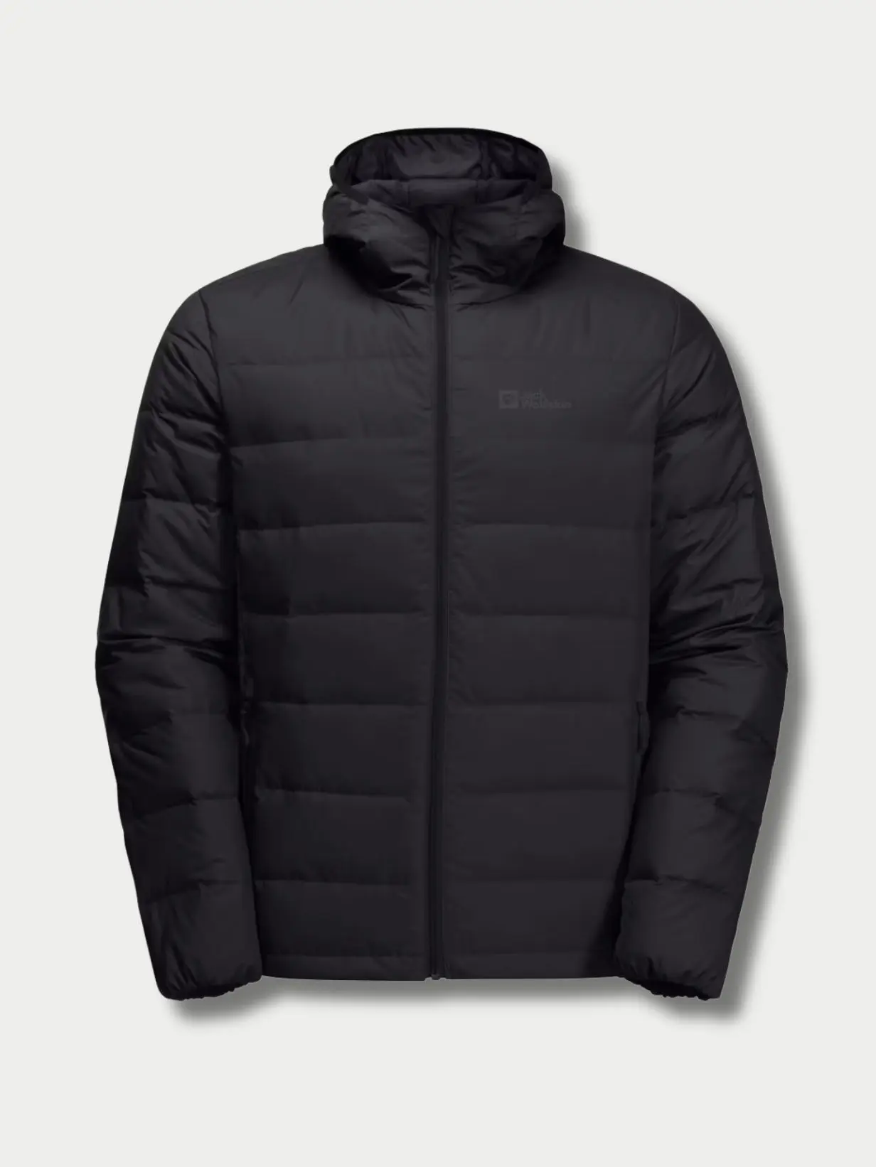 A cutout of a black puffer jacket against a light grey background
