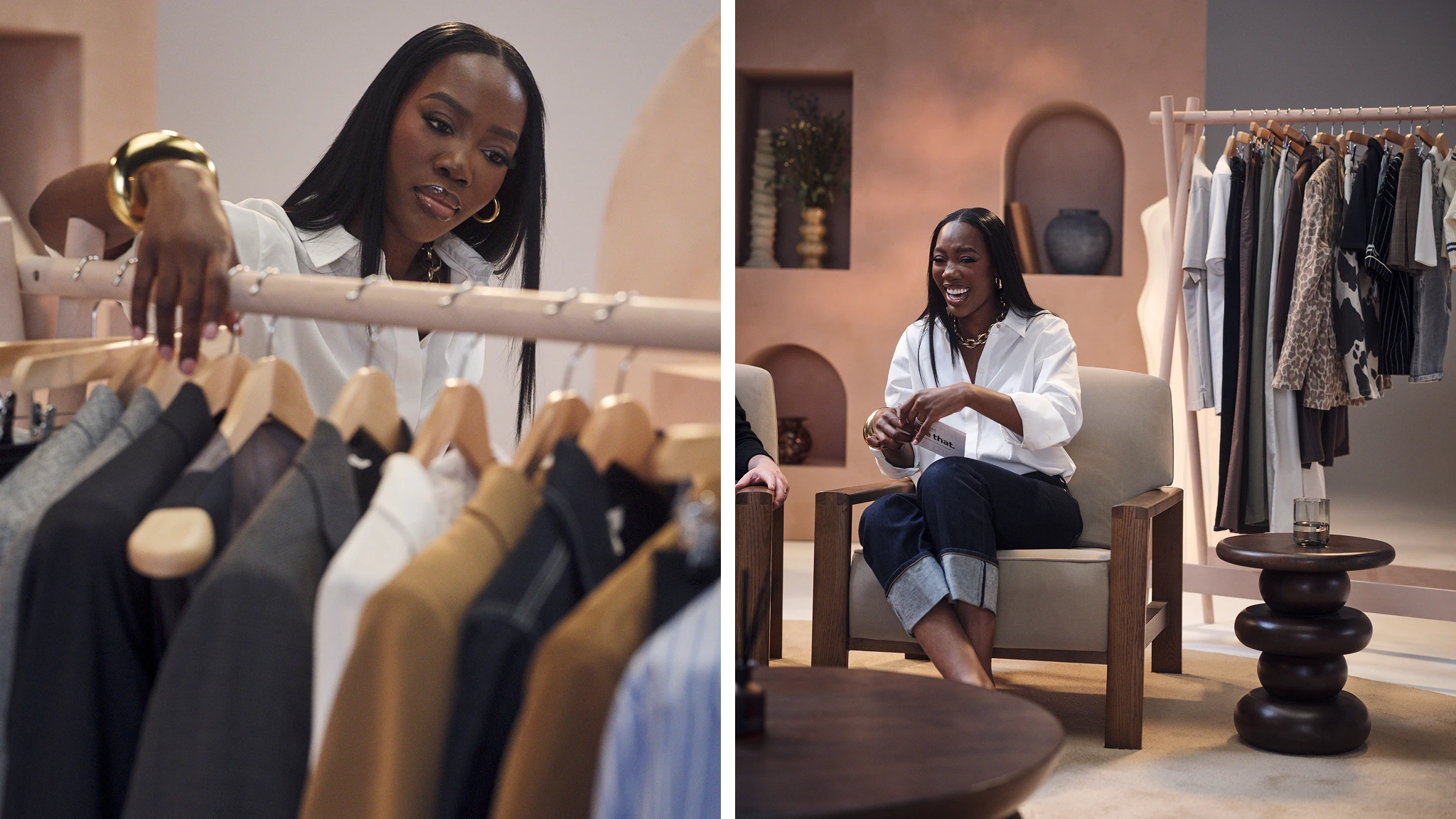 Melissa looking at a rail of clothing; Melissa wearing a white shirt and turned-up jeans, sitting on a chair