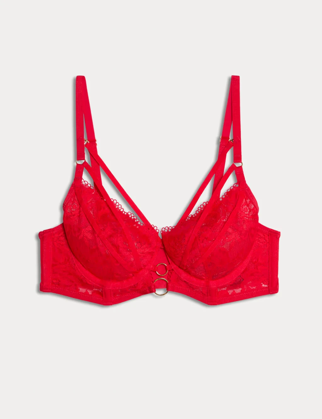 Red lace longline bra with gold ring detail