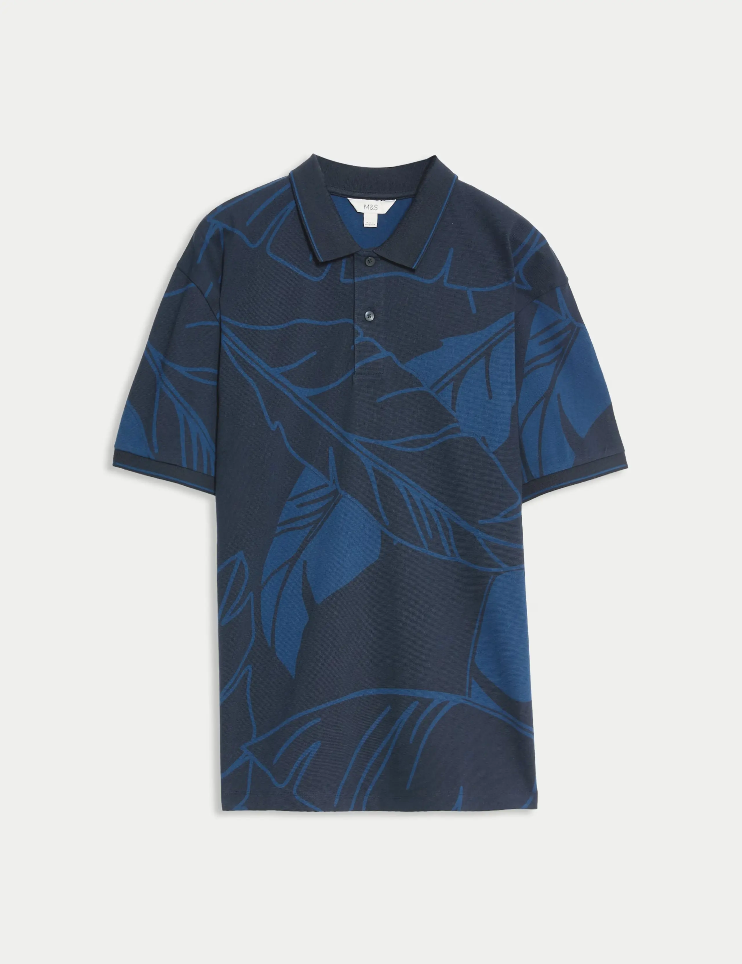 A navy polo shirt with a palm print