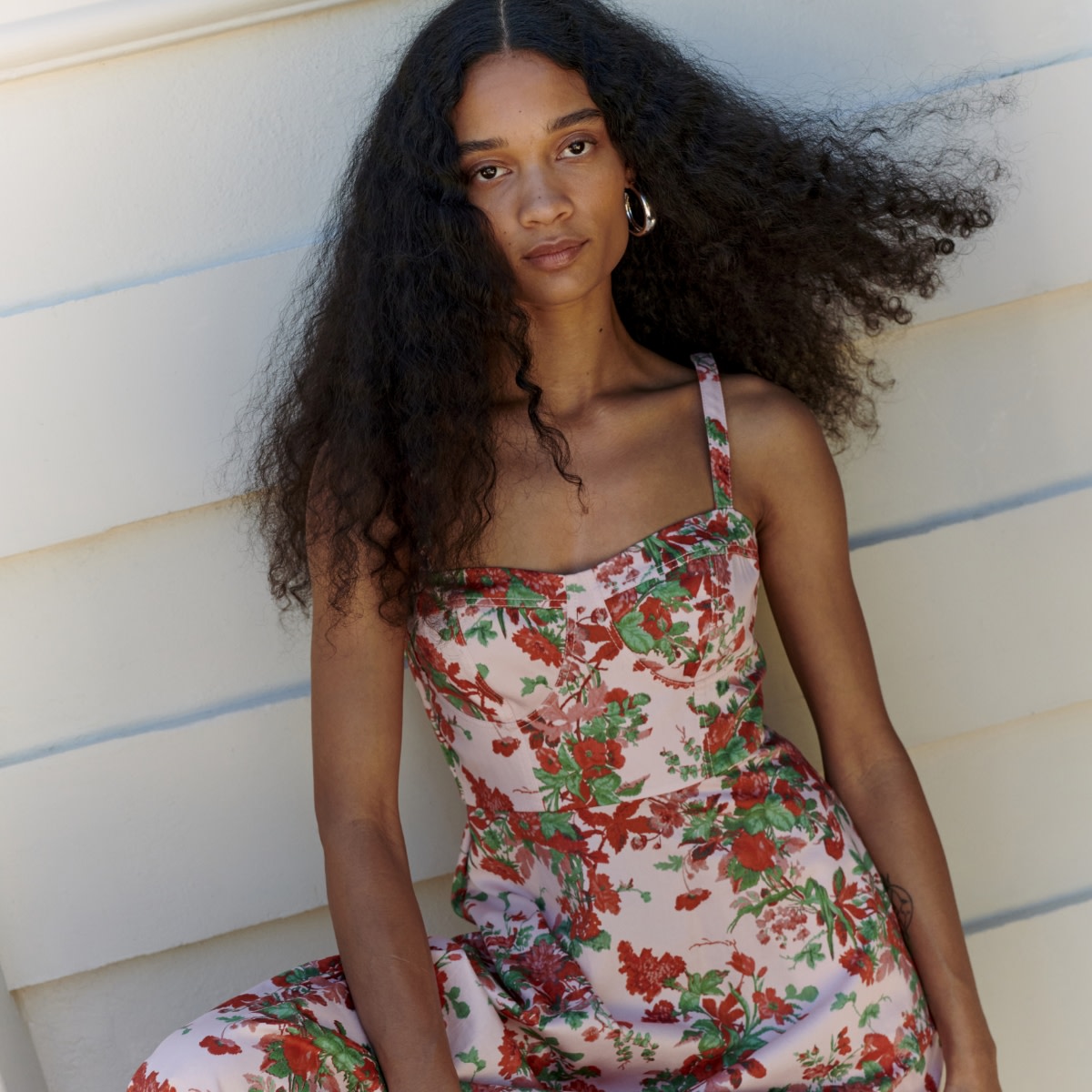 Woman wearing floral print dress