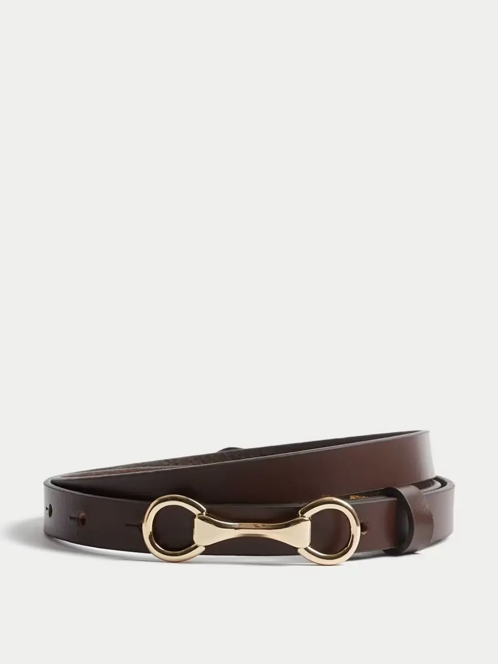A cutout of a brown belt with a snaffle closing