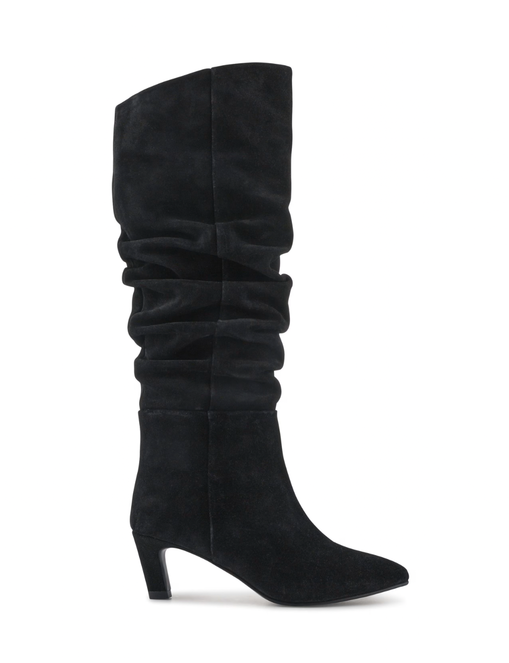 Suede pointed heeled black boot in slouchy style