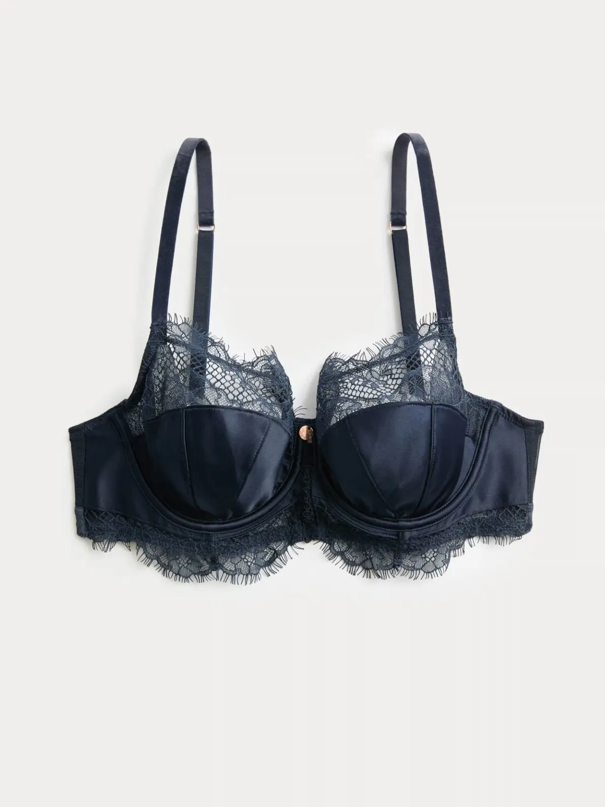 Navy satin and lace bra