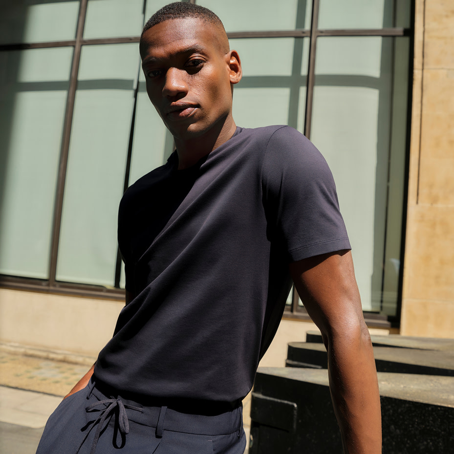 Man wearing grey t-shirt