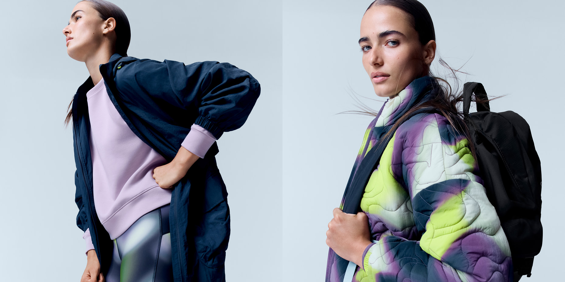 Woman wearing navy jacket, patterned leggings and a lilac sweater; woman wearing patterned jacket with a black backpack