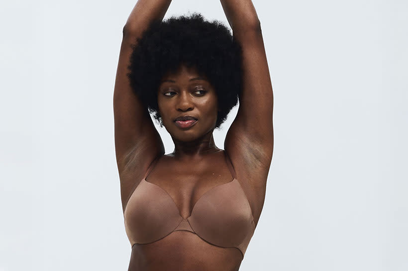 Woman wearing brown bra