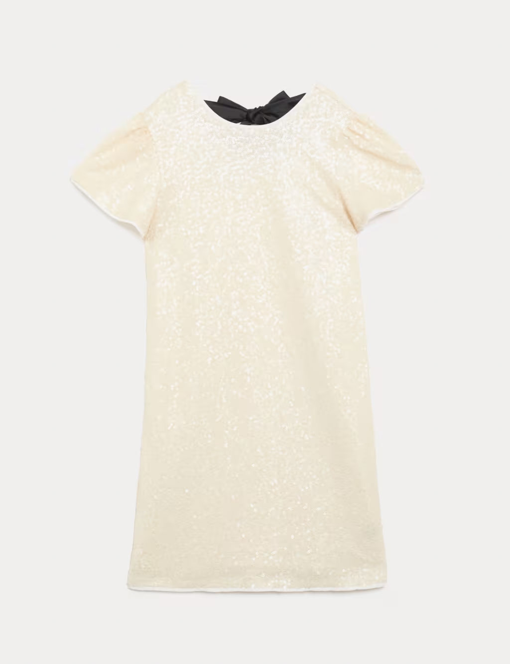 Girls' pale gold sequin party dress with black bow at the back