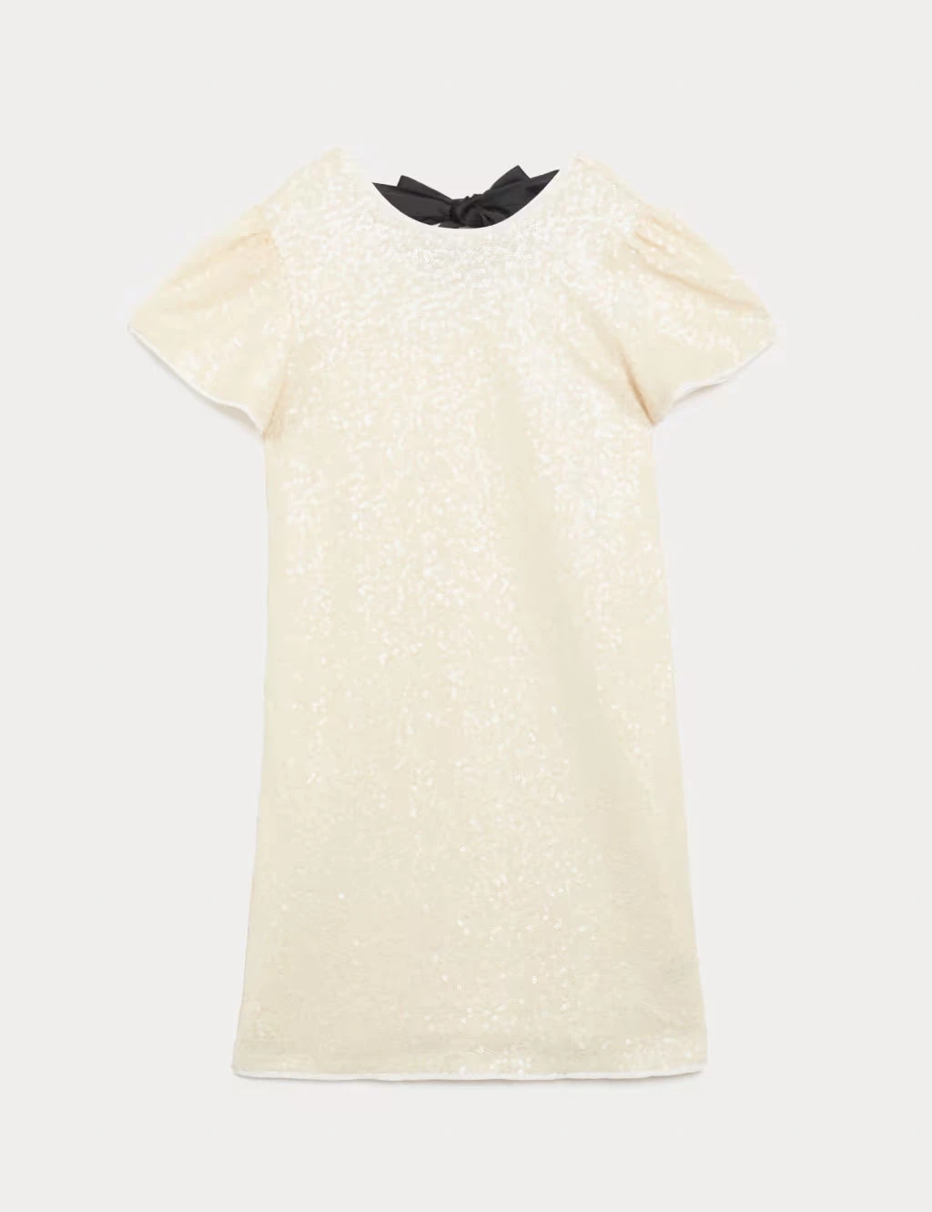 Girls' pale gold sequin party dress with black bow at the back