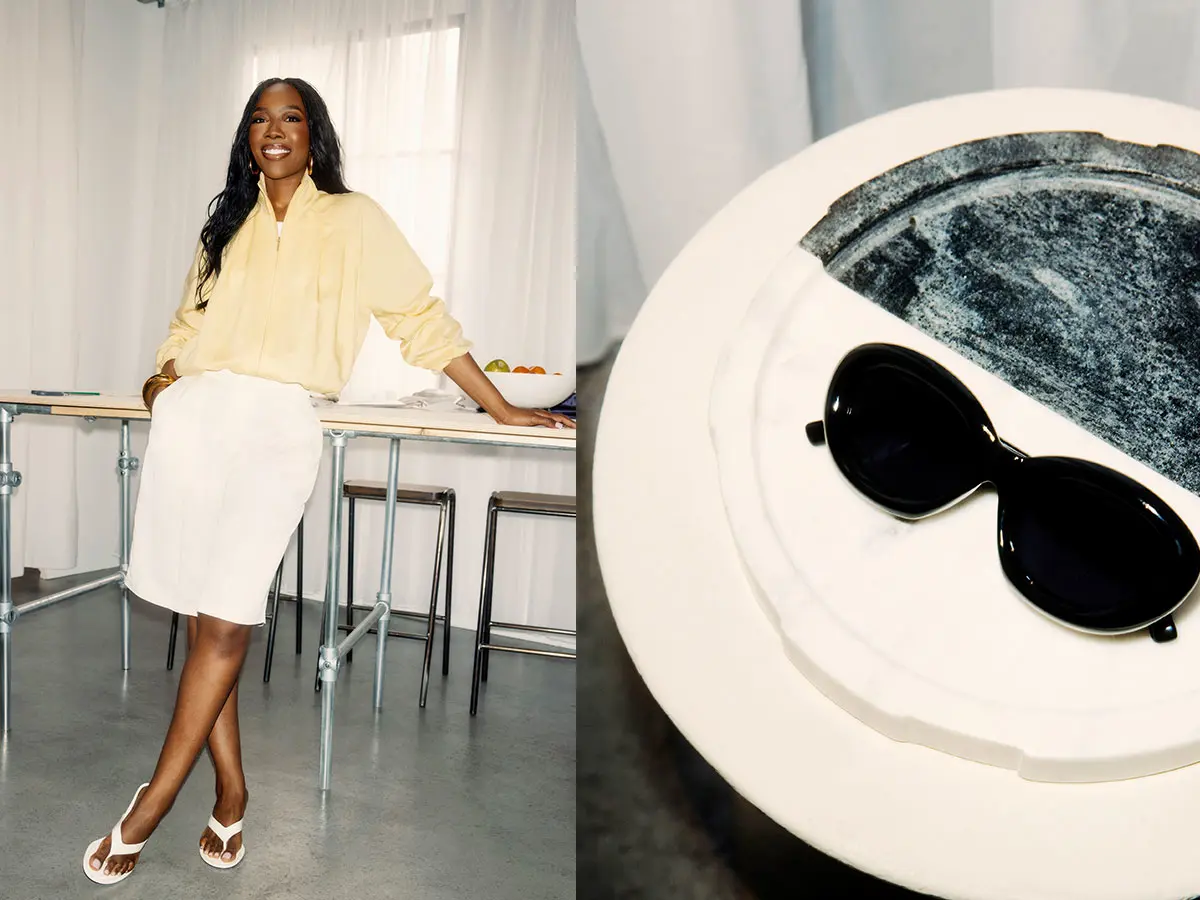 Woman wearing yellow jacket with white skirt and white kitten heels 