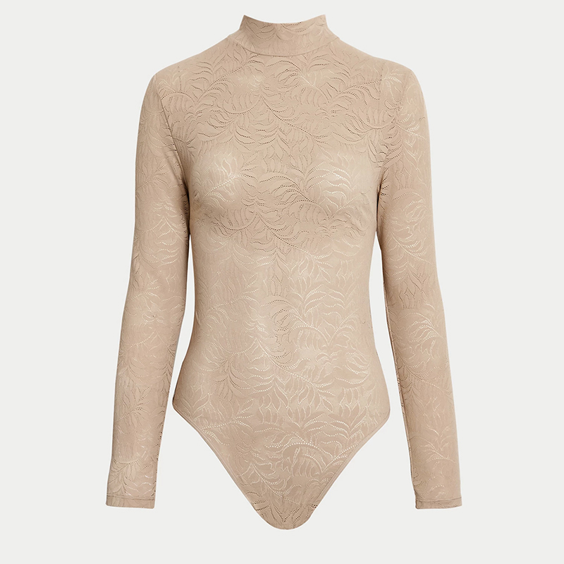 Beige lace long-sleeve bodysuit. Shop now