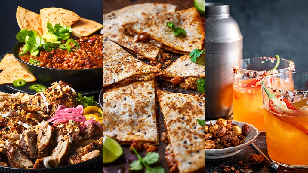 Image of chicken and chilli, image of quesadillas, image of spicy margaritas