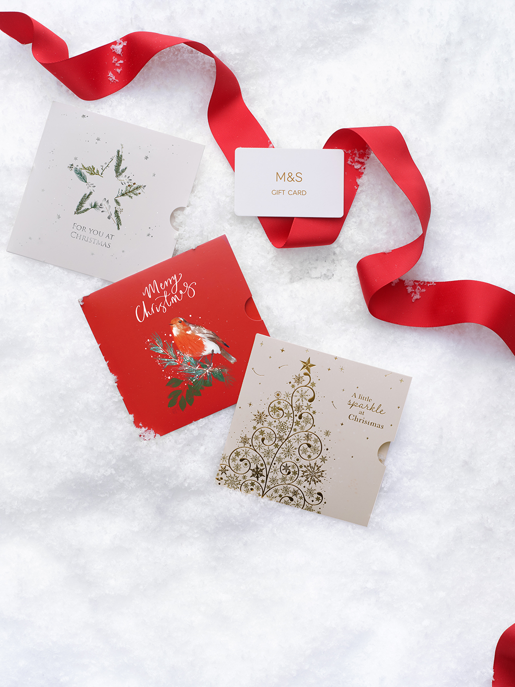 Assorted M&S gift cards in the snow surrounded by a red ribbon
