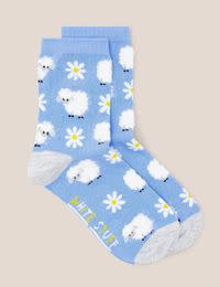 Blue socks with sheep and daisy print. Shop 2 for £10 White Stuff socks
