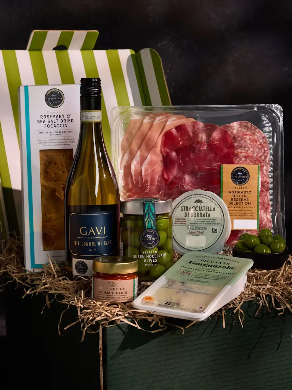 Selection of deli meat, cheese and wine in hamper
