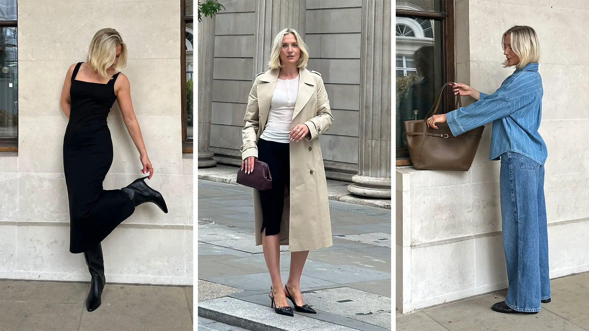 Woman in three outfits