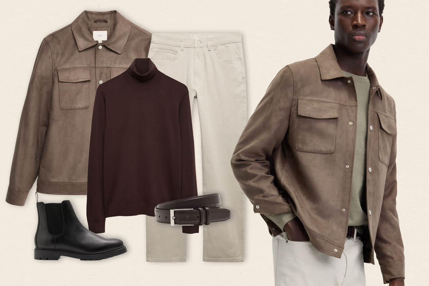 Collage of men's clothing including chocolate turtle neck, brown jacket, cream trousers, black boots and a brown belt 