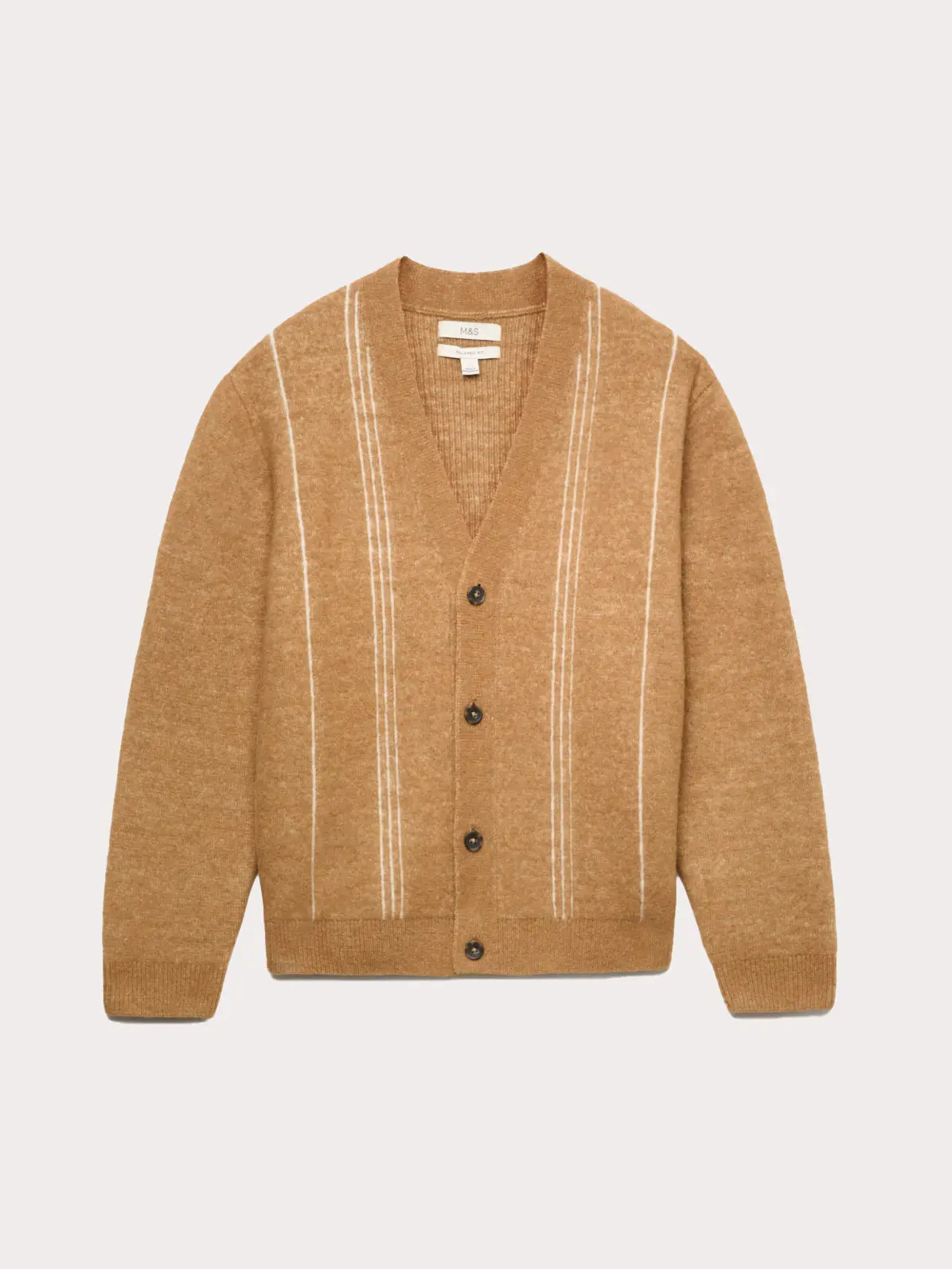 Neutral V-neck cardigan with stripe detail and a button front