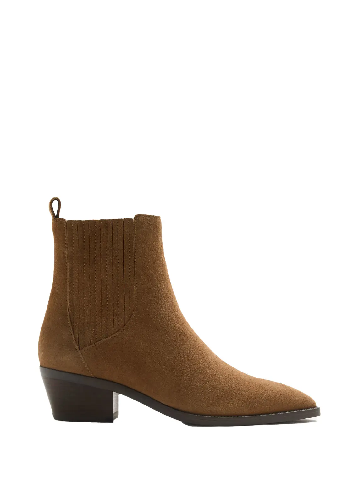 Brown suede Western boot with low block heel and pointed toe