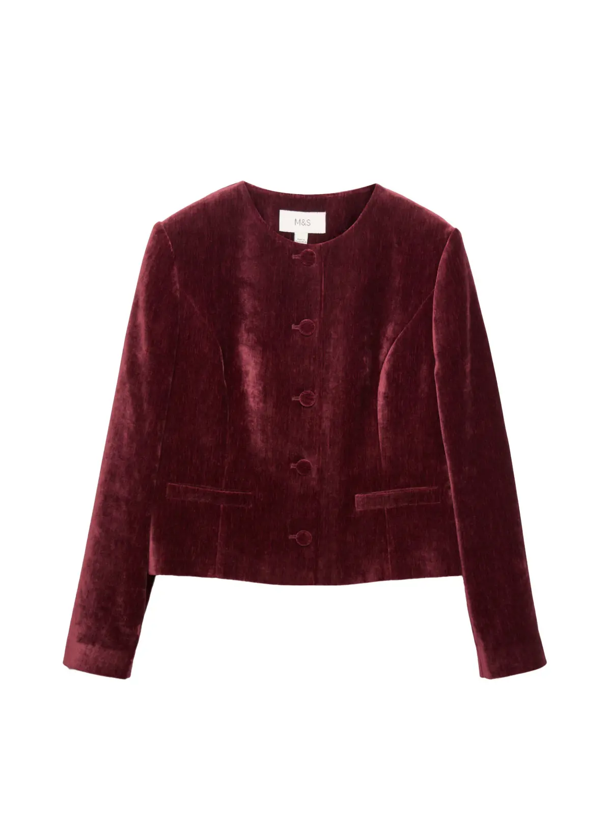 Red collarless velvet jacket