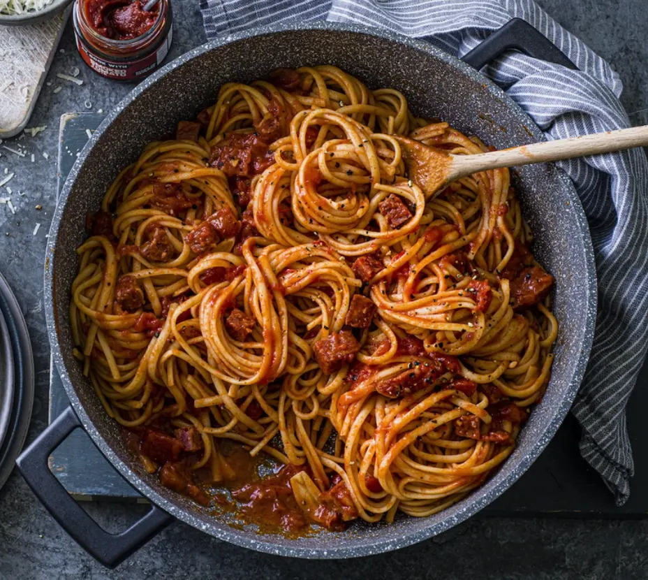 Tomato and Calabrian salami linguine