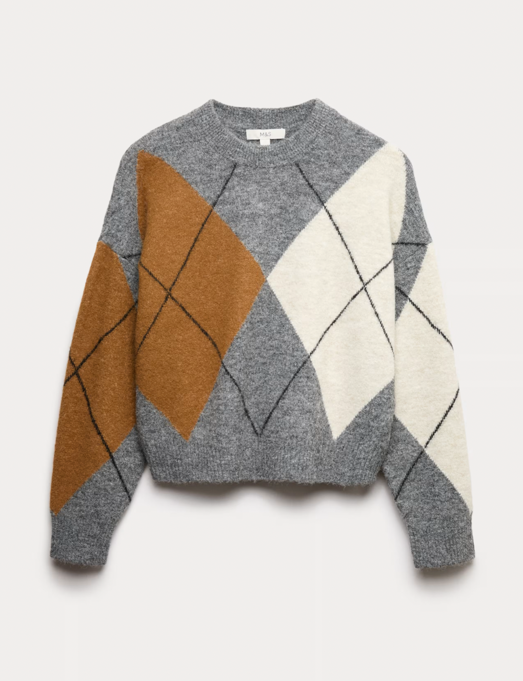 Grey, orange and white argyle jumper