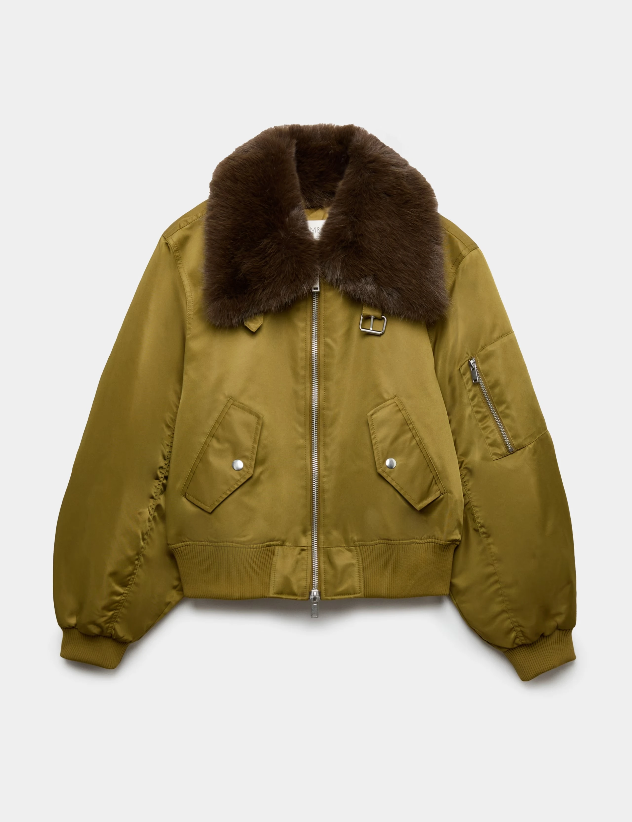 Green bomber jacket with a removable fur collar.