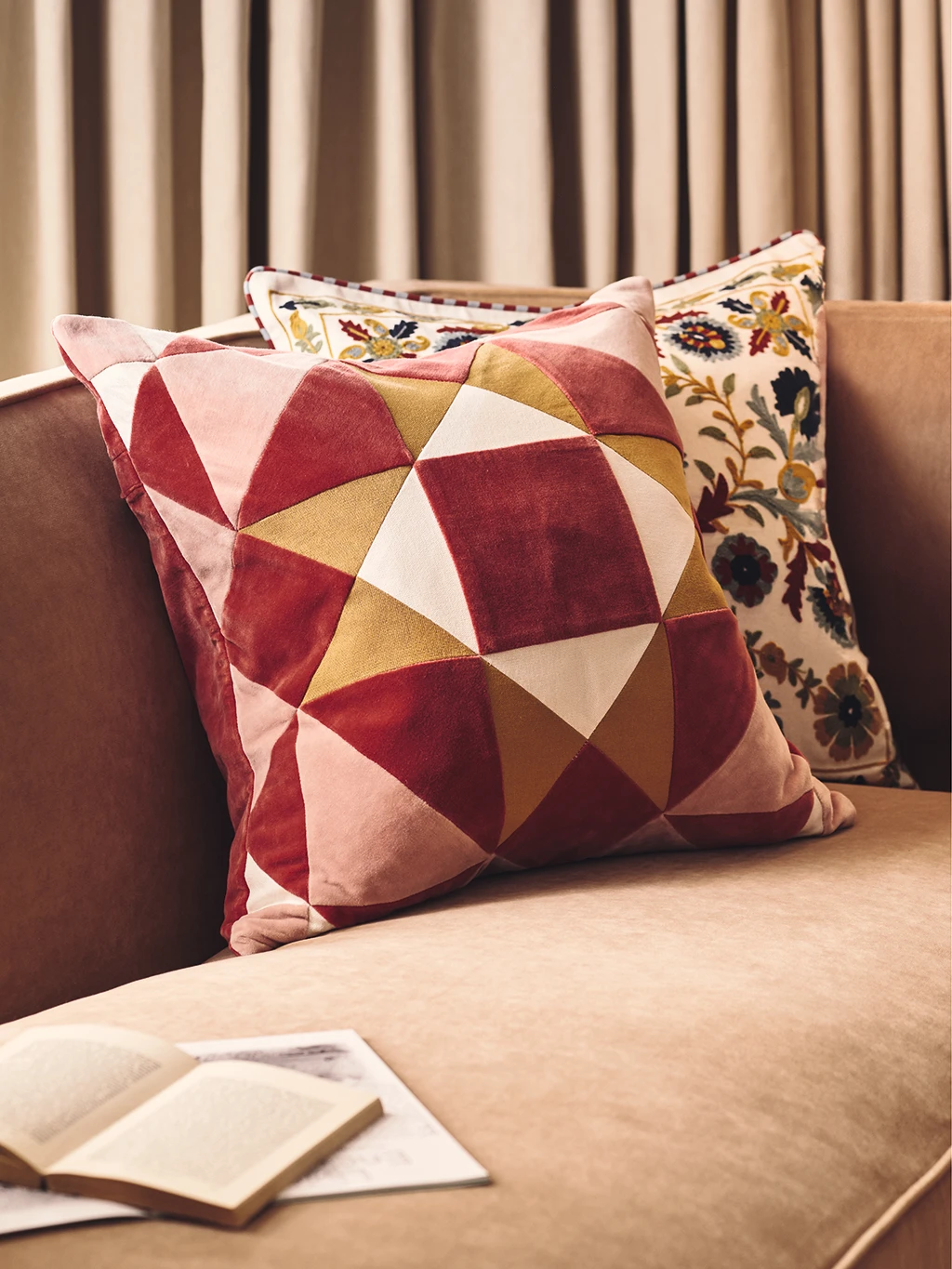 Patterned cushions on a sofa