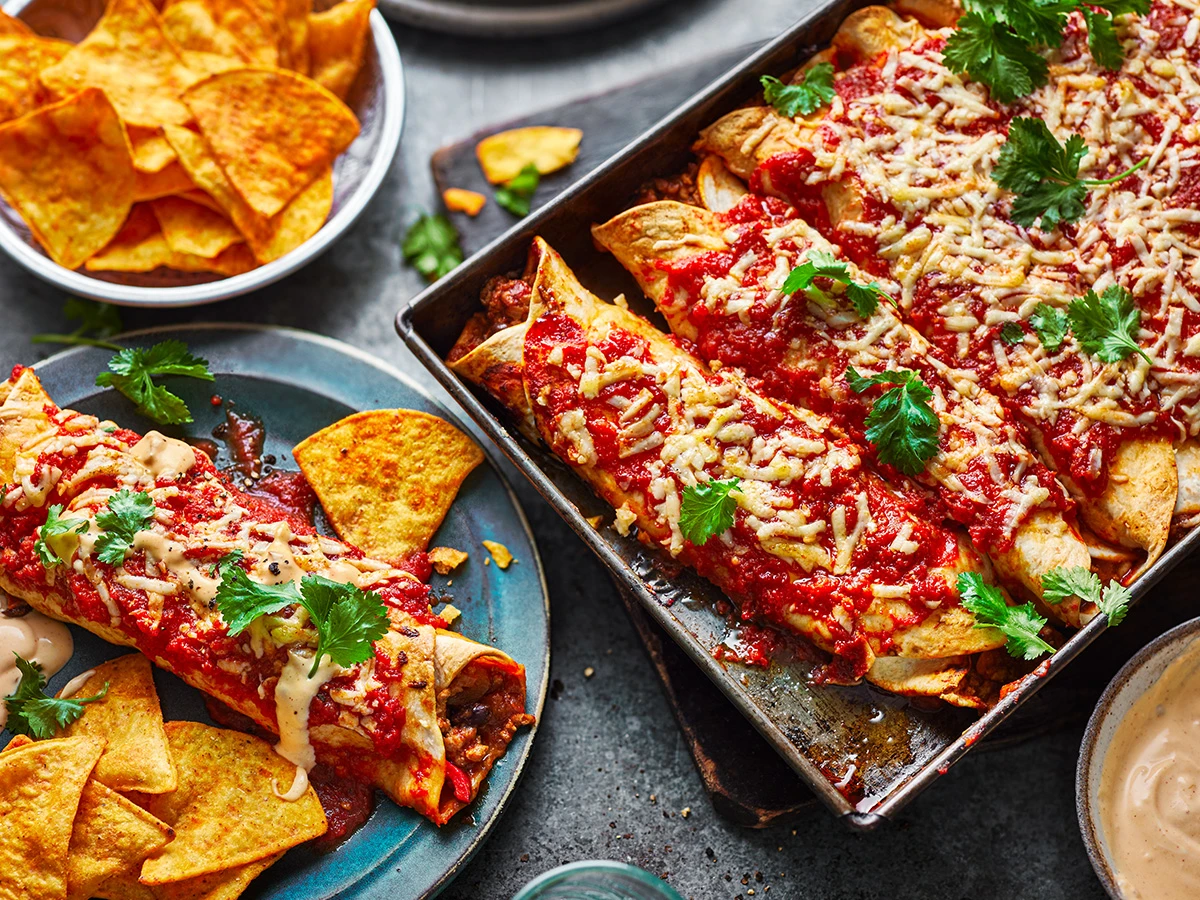 A tray of mince and bean enchiladas 