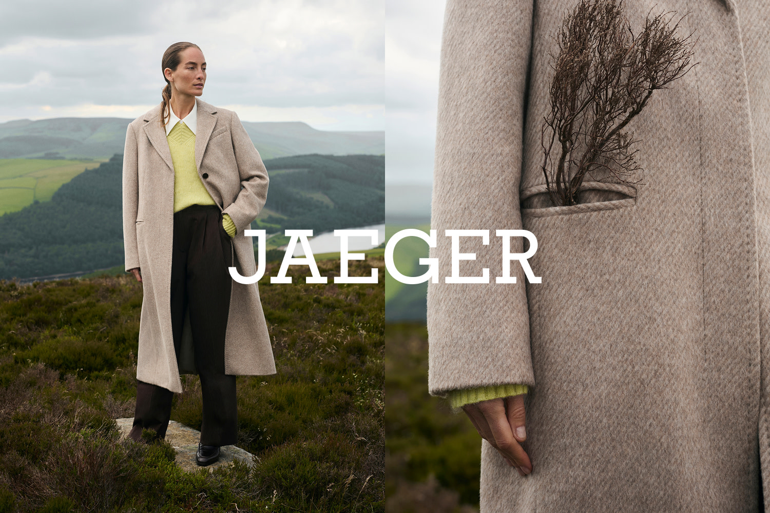 Woman wearing neutral coat, yellow jumper and black trousers