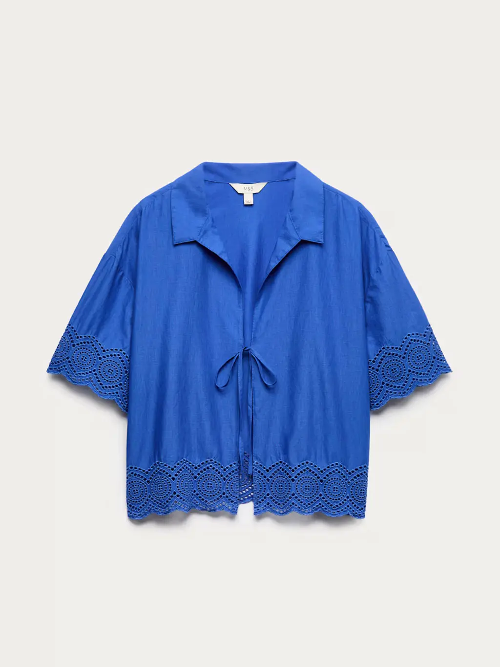 Blue lace-trimmed self-tie shirt