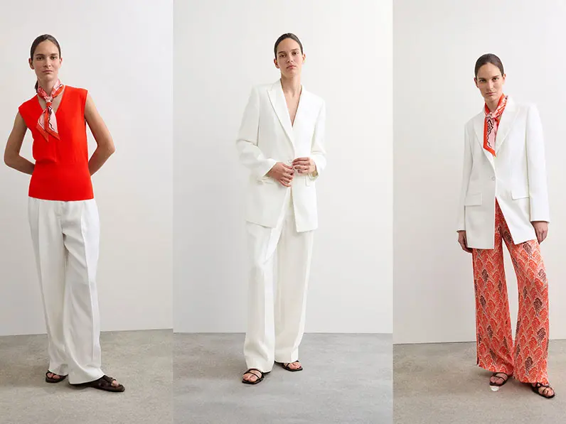 Woman wearing a white seersucker suit three different ways
