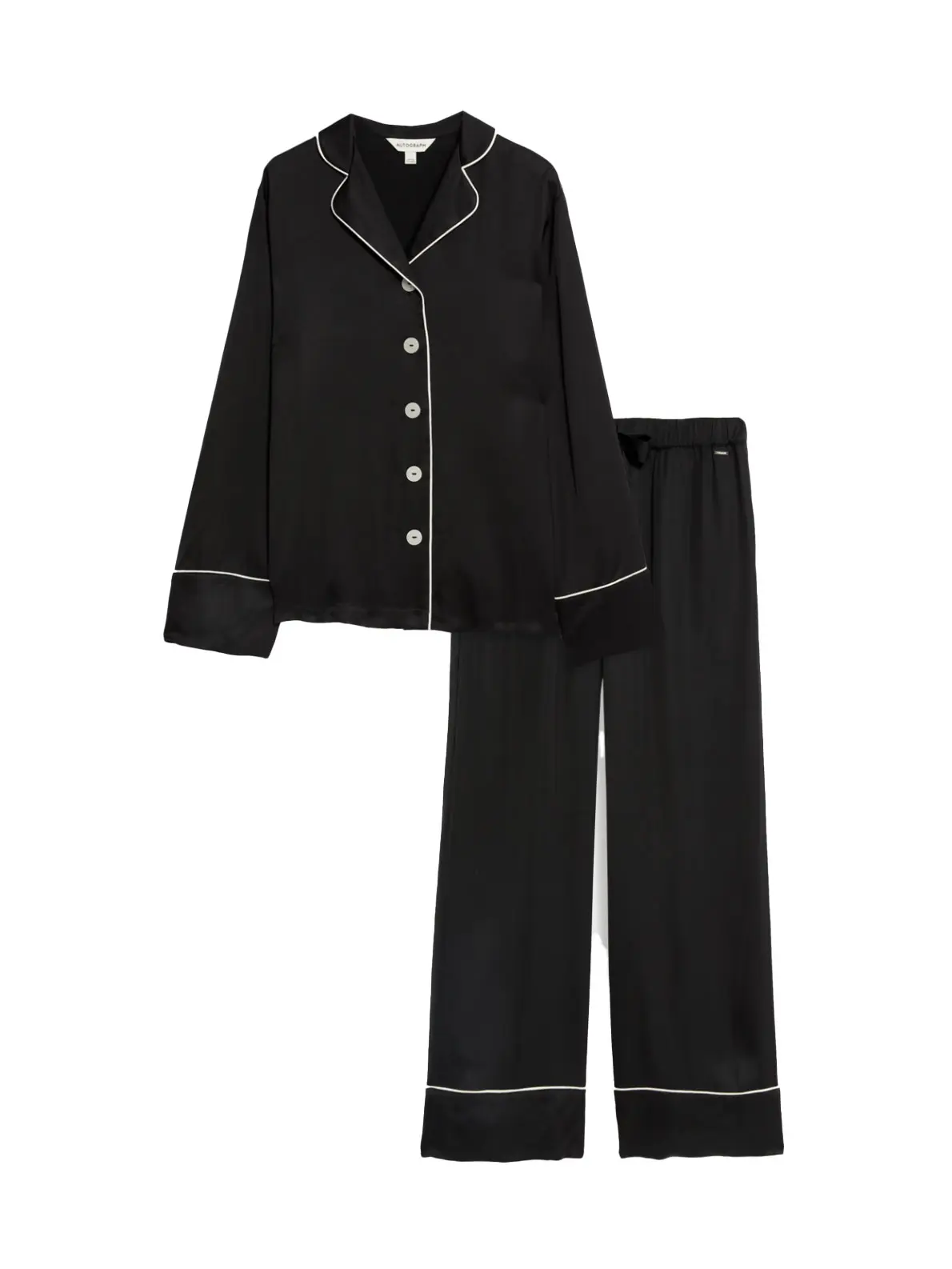 Black revere-collared top with buttons and matching trousers with white piping