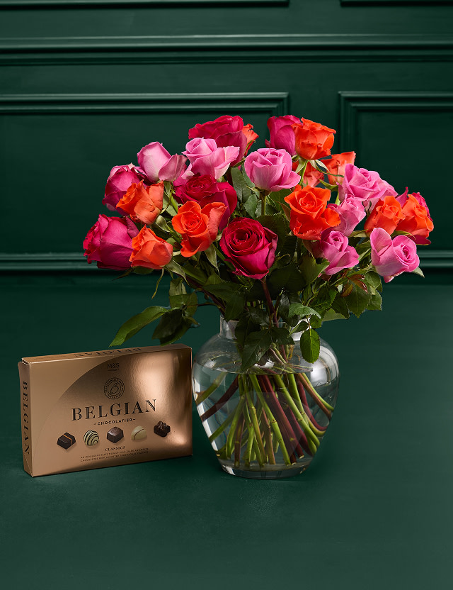 Radiant Rose Abundance Bouquet with Belgian Chocolates