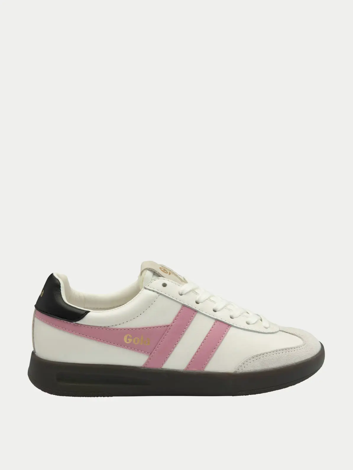 White lace-up trainer with baby pink stripe detail and gold 'Gola' text logo