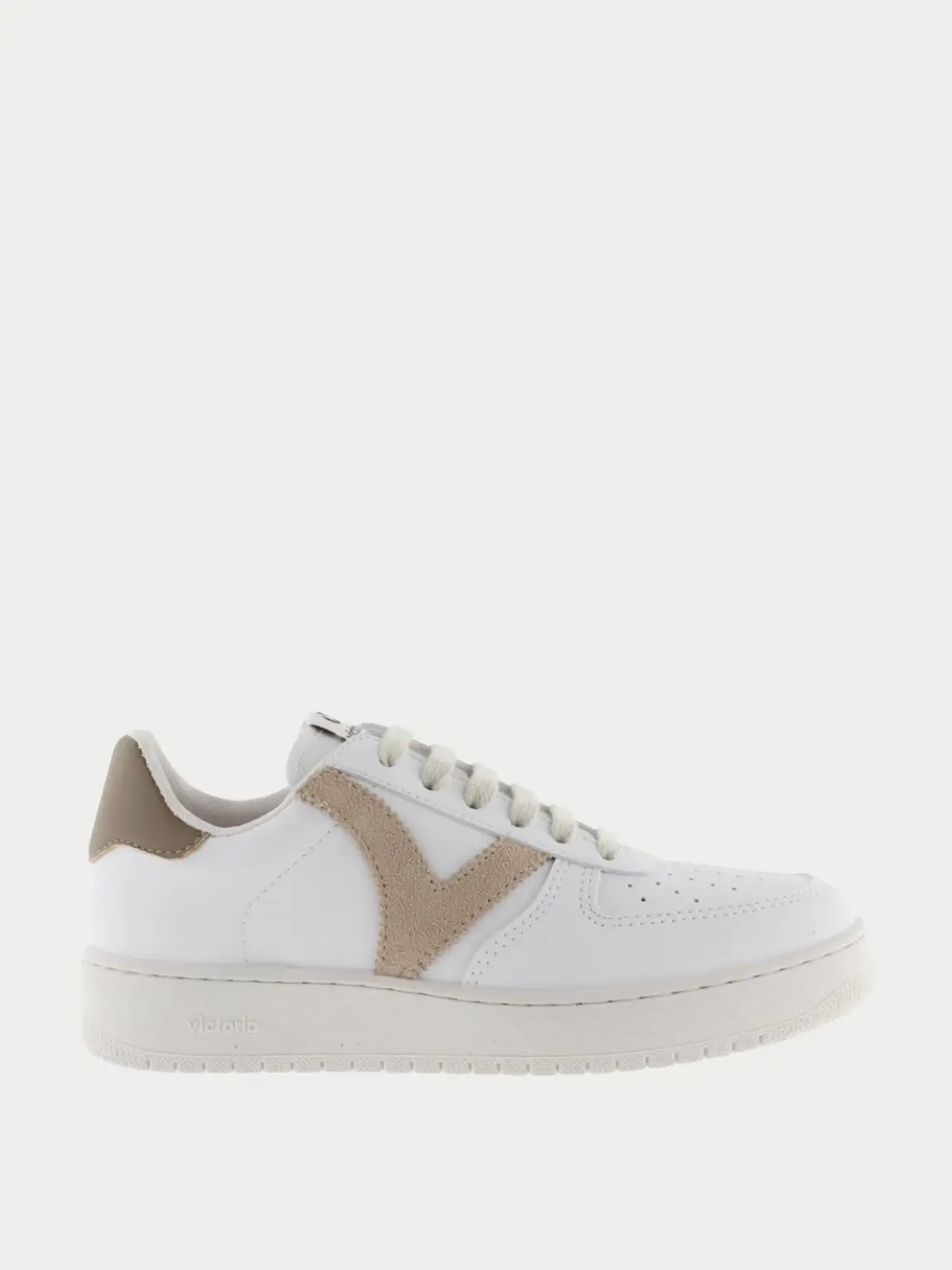 White lace-up trainer with baby pink stripe detail and gold 'Gola' text logo