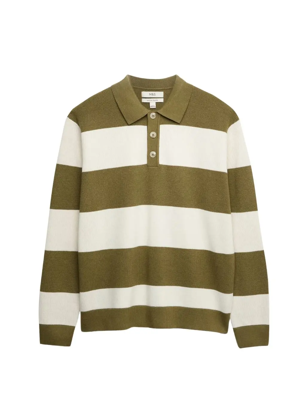 A cutout of a cream and olive strip knitted rugby jumper