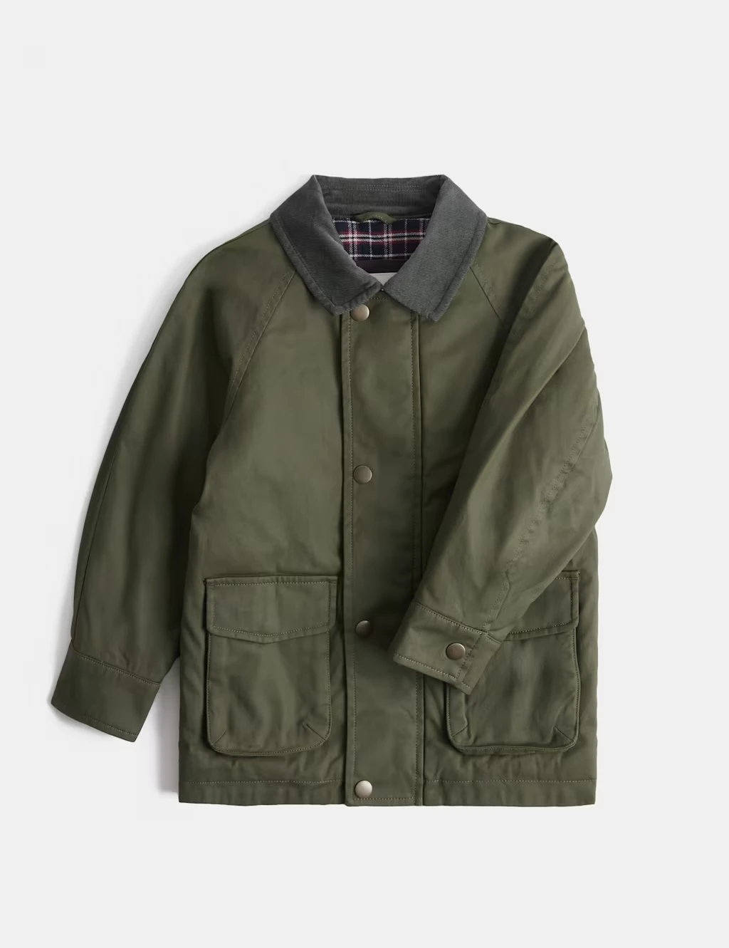 Green boys wax jacket with a corduroy collar and tartan lining.