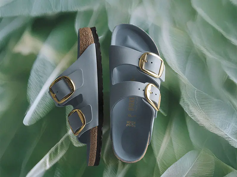 Blue Arizona Birkenstocks on a green leafy background