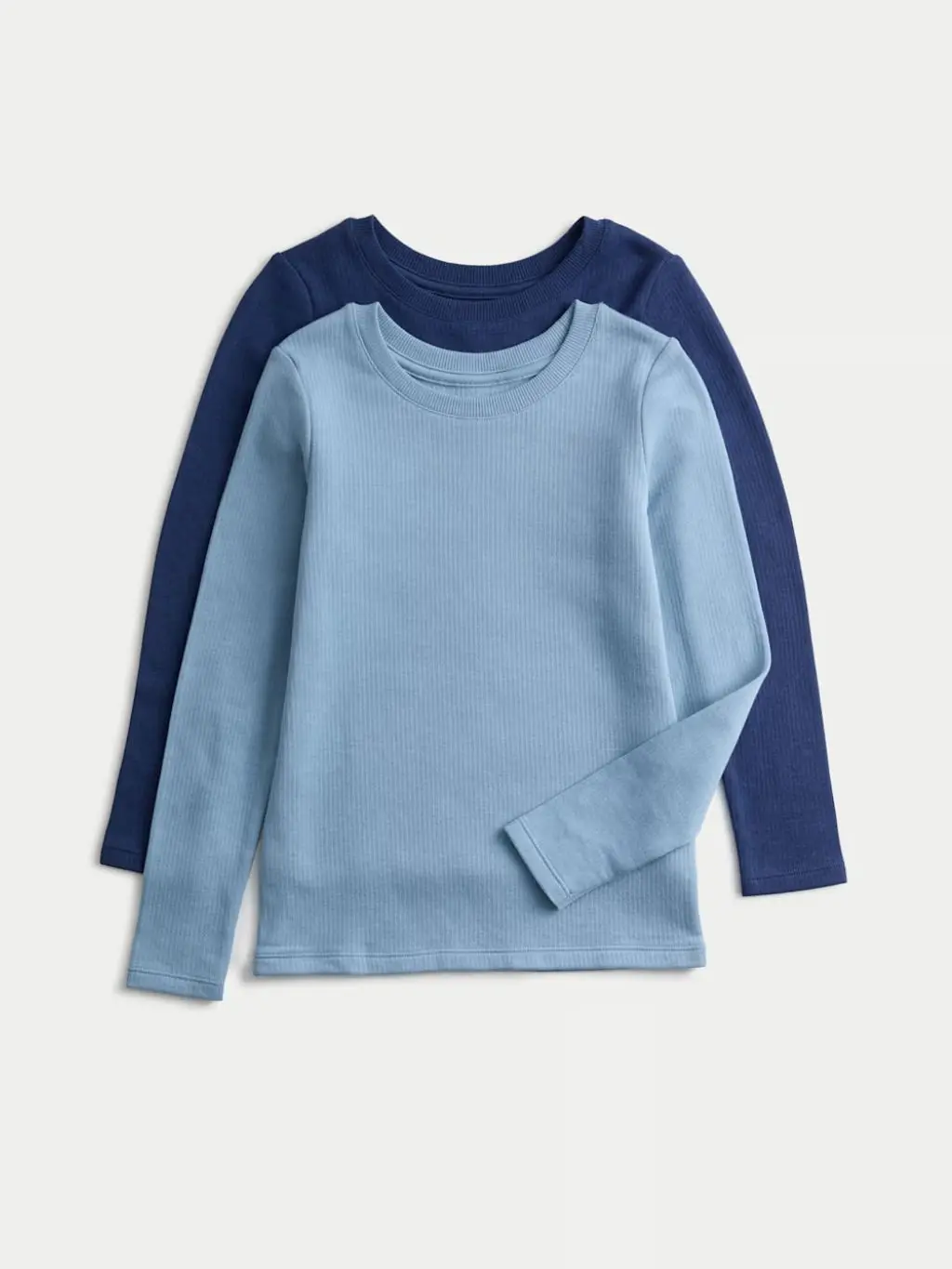 A cutout of two thermal tops for kids in navy and blue