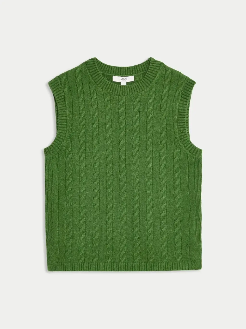 A cutout of bright green cable knit jumper vest by M&S