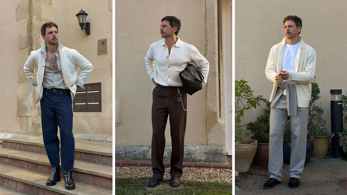 Influencer Nick Howard-Lanes dressed in transitional outfits