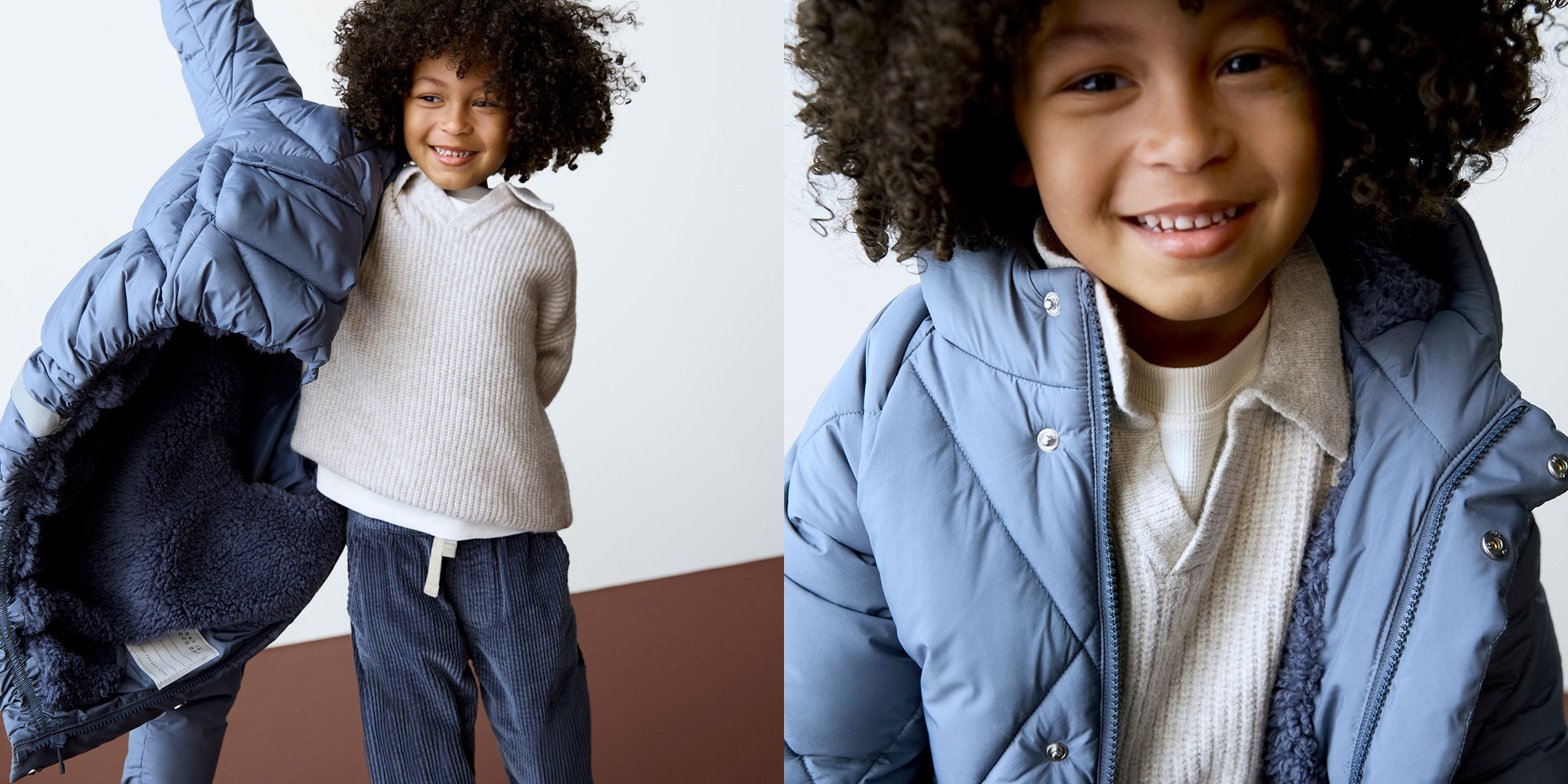 Boy wearing blue quilted jacket, grey jumper and blue corduroy trousers