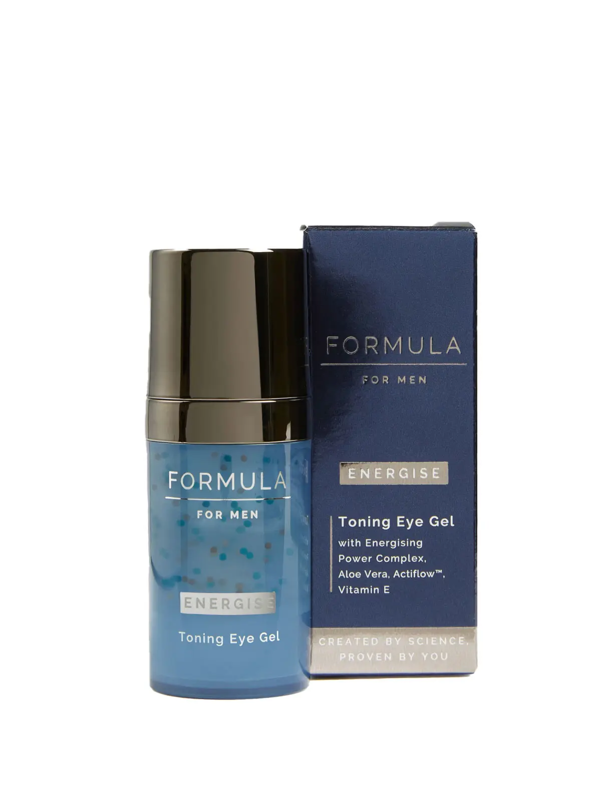 Blue bottle and matching box of men's toning eye gel